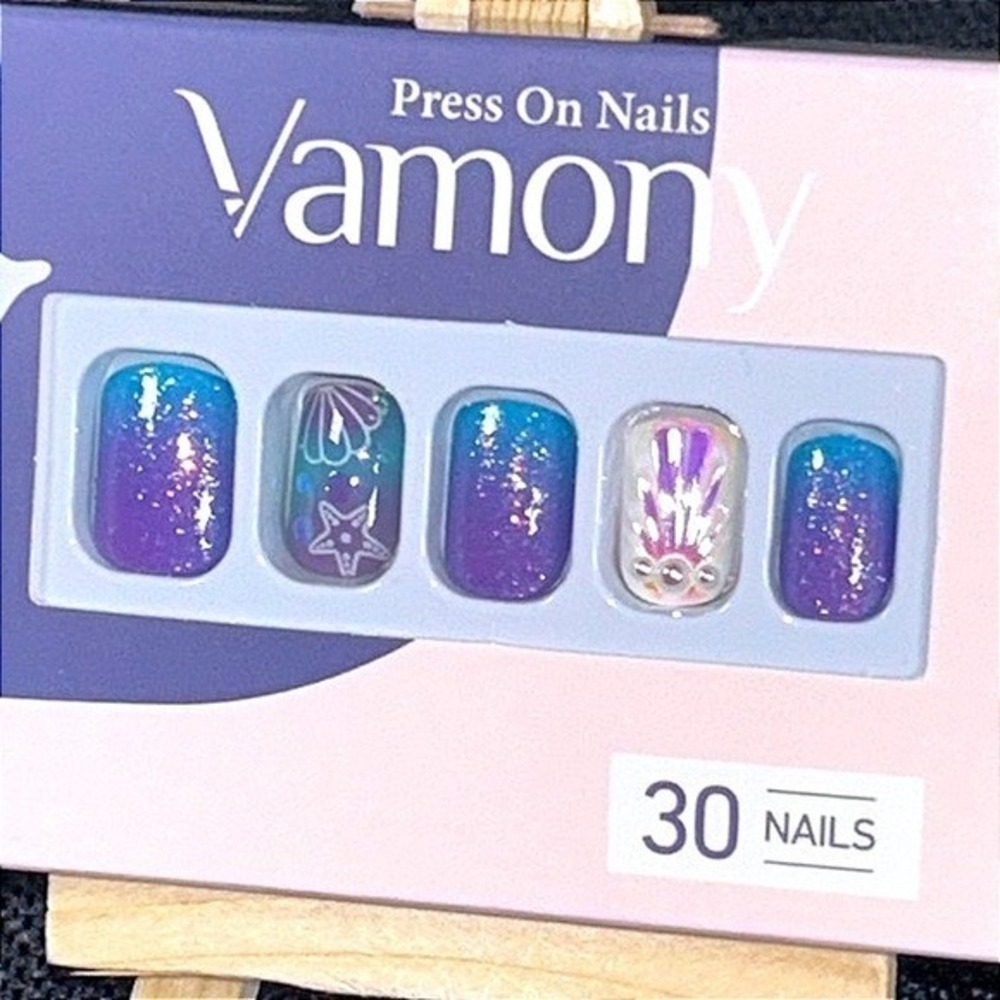 Vamony Mermaid Press On Purple Blue Glitter Shell Starfish Beach Nails 30pcs